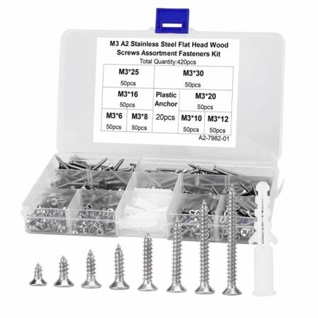 420 stk. fladt hoved træskruer Fasteners Kit Skrue Sortiment