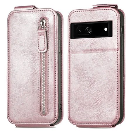 Vertical Flip Phone Fodral med Zipper till Google Pixel 7a - Roséguld