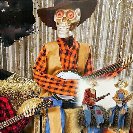 Morsomme animerte duellbanjo-skjeletter, 2023 Cowboy Skull Statue, Bevegelige lysende skallepynt, Morsomme banjo-skjelettfigurer (FMY)
