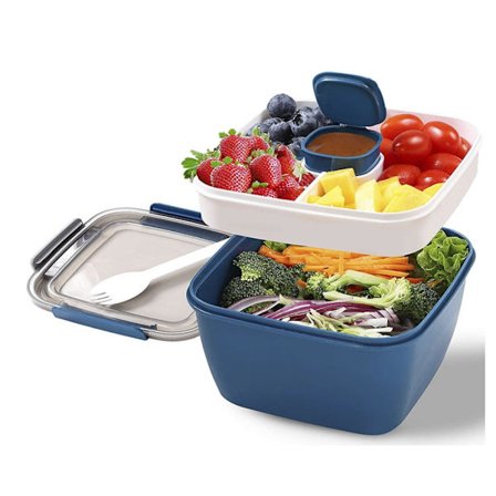Ljusfärgad salladsförvaringslåda i japansk stil dubbelfack lunchlåda förseglad kontorsanställda kan värma lunchlådan i en mikrovågsugn blå