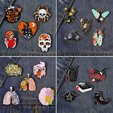 Goth Halloween Enamel Pin Set Ghost Black Cat Moth Witch Punk Brooches Horror Snake Badges for Men Dark Lapel Skeleton Jewelry