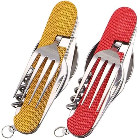 NA/2 kpl kokoontaittuva retkeilyruokailuvälinesetti, ruostumaton teräs, ruokailuväline 6 in 1 monitoimityökalu, ulkoilu, selviytyminen, matkailu, 