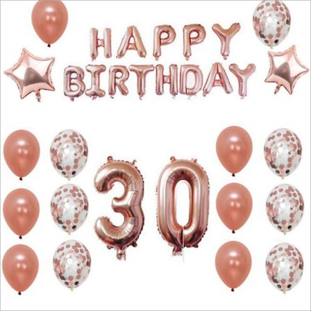 30-års festdekoration med banderoll, roséguldkonfetti