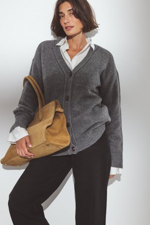Premium Selection - Oversized strikket cardigan i ull - Premium kvalitet - Grå - M (EU 38-40)