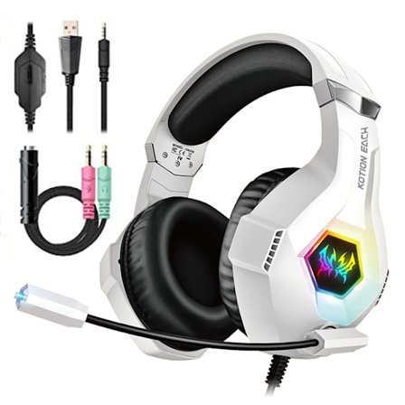 Spelheadset för PS5 PS4 PC, Öronmuffar med Surroundljud & RGB-belysning för Xbox Switch Mac Laptop vit