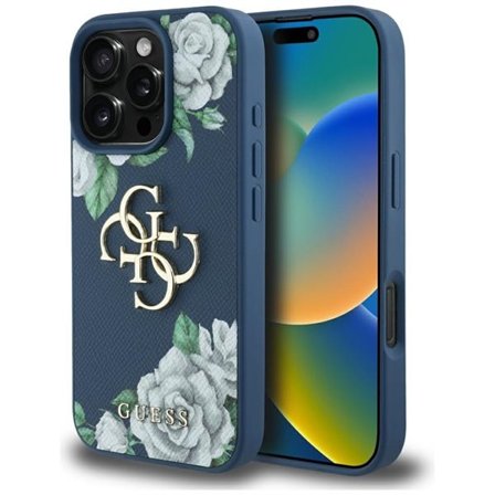 Guess Grained Roses Big 4G-logoetui for iPhone 16 Pro - blå