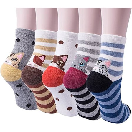 Mysiga 5 Par Damestrømper Sjove Søde Dyr Damestrømper Kat Hundestrømper Gaver til Kvinder, En Størrelse Polka dot stribet kat
