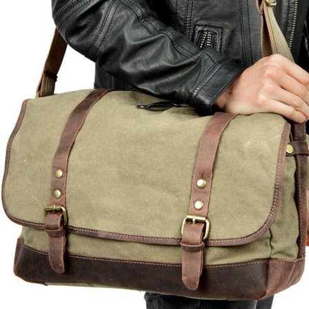 Vintage-Style Army Green Canvas & Leather Messenger Bag for Men - Shoulder bags