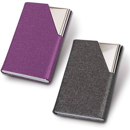 Käyntikorttikotelo, ohut ammattimainen 2 pakkausta PU-nahkaa + ruostumatonta terästä käyntikorttikotelo matkustamiseen ja liiketoimintaan - harmaa ja 