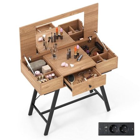 2 i 1 Frisør med Spejl COSTWAY, Opladningsstation, Makeupbord med Foldeværk, Skuffe, 6 Rum, Naturlig