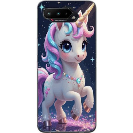 Kompatibelt Mobilskal till Asus Asus ROG Phone 5 Söt enhörning med stora ögon, pastellfärgad man och glittrande smycken i sagolik nattmiljö, lekf