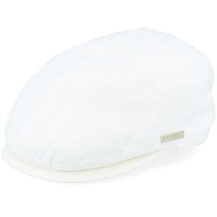 Seeberger - Vit flatcap Keps - Linen Cotton Fabric White Flat Cap @ Hatstore