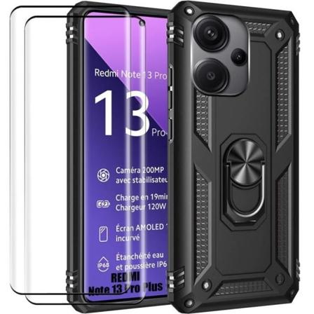 Fodral till Xiaomi Redmi Note 13 Pro+ 5G - Note 13 Pro Plus 5G med 2 härdade glasögon, hårt skyddsringstöd - svart