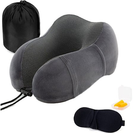 Mjukt resenacke för resor, flygplan, sovande, kontor, nacksmärta Mörkgrått nackkudde + förvaringsväska Ögonmask Öronproppar
