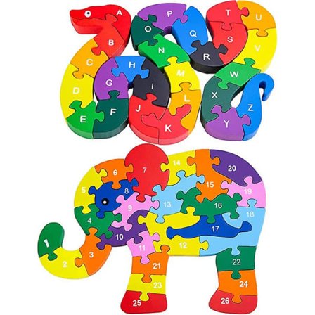 "QD" 2 stk. Dyretræpuslespil Alfabetisk Puslespil, Træslange & Elefant Bogstaver Tal Bloklegetøj til Børnelegetøj - Slange & Elefant