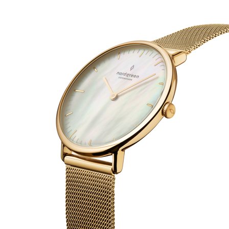 Nordgreen Scandinavian small classic women's watch - Gold Case - Black Dial - 28mm Gold mesh Watch Band Native White Dial