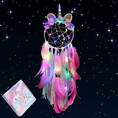 Laadukas Unicorn Dream Catcher värikkäillä LED-valoilla tytöille Pojat Makuuhuoneen seinäsisustus Ripustuskoriste Festivaalilahja (Pinkki) Pinkki