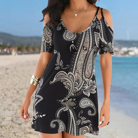 Bohemia Print Kortärmad V-hals Camisole Knälång Mini Dr
