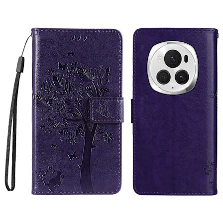 KT Imprinting Flower Series-3 För Honor Magic6 Pro 5G Fodral Katt-Träd Stöttåligt Läder Telefonskal