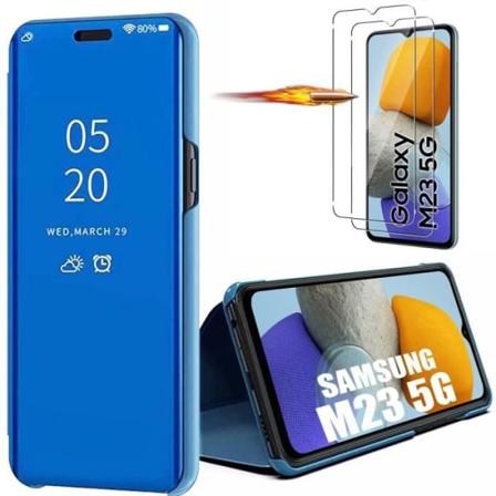 2 hærdede briller + etui til Samsung Galaxy M23 5G Blå 360° beskyttelse Anti-ridse stødsikkert komplet cover
