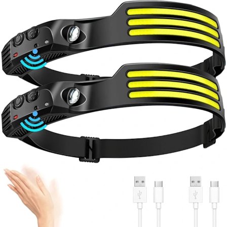 Uppladdningsbar LED-pannlampa (2-pack), Rörelsesensor Pannlampa med 5 lägen, IPX4 Vattentät för Cykling, Camping, Fiske, etc.