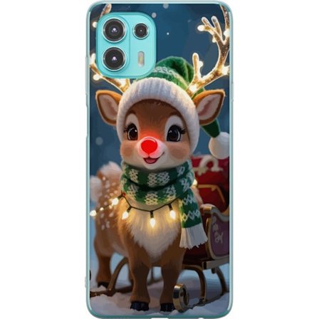 Yhteensopiva Puhelinkuori Motorola Motorola Edge 20 Lite Jouluisesti koristeltu poro hehkuvin sarvin, punainen nenä ja neulottu vihreä pipo seisoo k