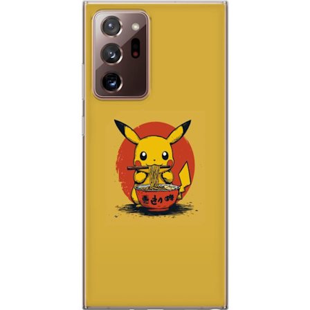 Kompatibelt Mobilskal till Samsung Samsung Galaxy Note20 Ultra Pikachu animefigur som äter ramen i japansk stil mot en gul bakgrund, ett trendigt mot