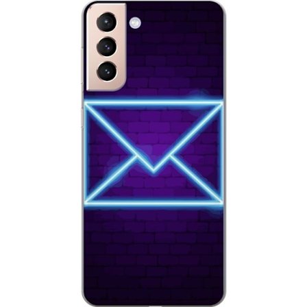 Kompatibel Mobilcover til Samsung Samsung Galaxy S21 Neon illustration af kuvert i blåt lys mod lilla teglvæg, moderne symbol for beskeder kommunika