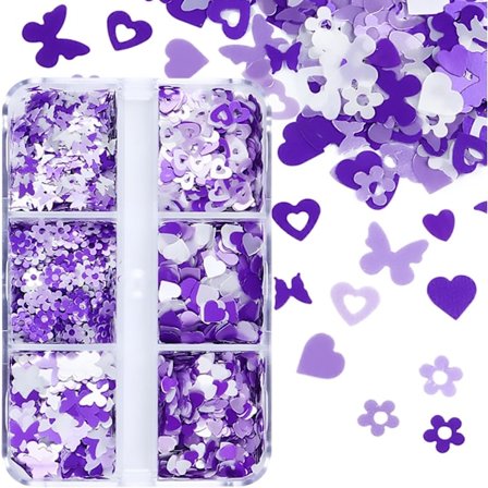 3 stk 6 Ruter Lilla Neglekunst Glitter Sekkenser Holografisk Sommerfugl Hjerte Blomster Design Negle Glitter Flakes Lilla Nai