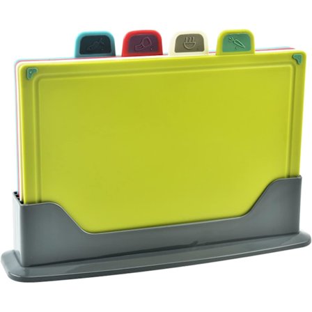 Skärbräda i plast med förvaringshylla. Tjockare skärbrädeset med färgkodad matikon för kök, olika mattyper. Halkskydd (4-pack)