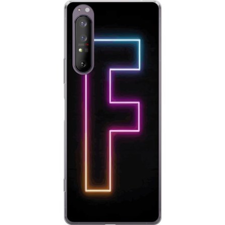 Kompatibelt Mobilskal till Sony Sony Xperia 1 II Neonbokstav F i rosa, blå och gul ljuskanter mot en mörk bakgrund, grafisk bokstavsillustration med
