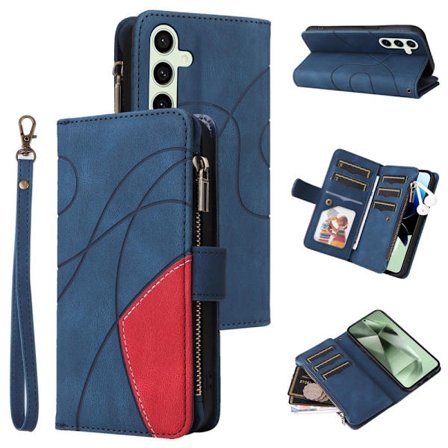 Texturerat läder Samsung Galaxy S24 FE fodral med handledsband - Blå