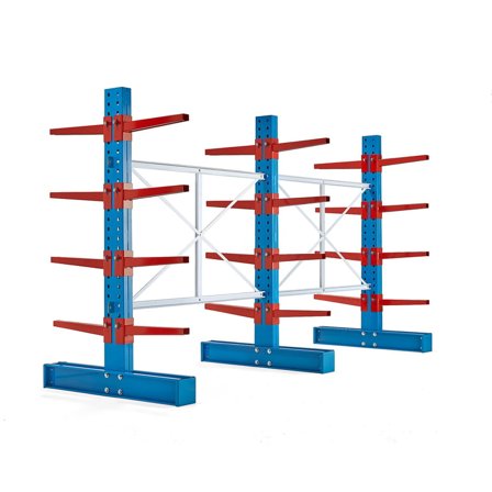 Dobbeltsidet grenreol EXPAND, 3 dobbeltsøjler + 24 stk. 600 mm arme, 12000 kg