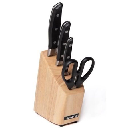 3 veitsen ja sakset - ARCOS - Manhattan - Nitrum ruostumaton terä - POM-kahva - heveapuu teline