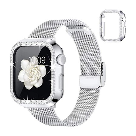 Apple Watch SE 2022 (44 mm) urrem og cover med rhinestone-dekor - Sølv