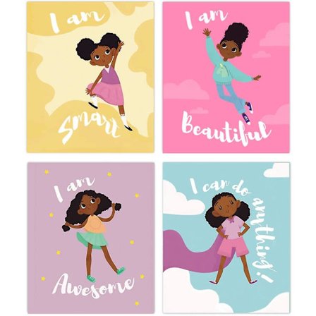 Sæt med 4 Girls Black Girl Wall Art Prints 8" x 10".