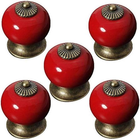 Sæt med 5 runde keramiske knopper til skabslåge eller skuffe - Porcelænshåndtag - Landhusstil - Rød BDE