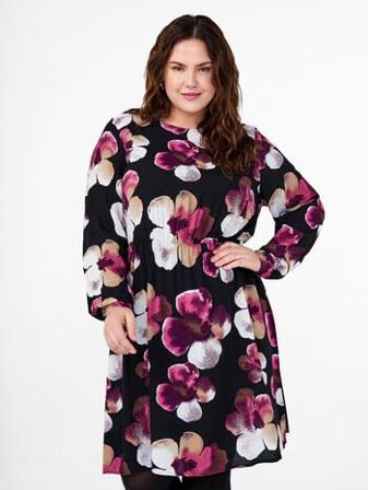 Store Størrelser Festkjoler - Zizzi Viskosekjole med trykk og lange ermer Svart ( 42-44 ) | Klær i Plus Size til dame