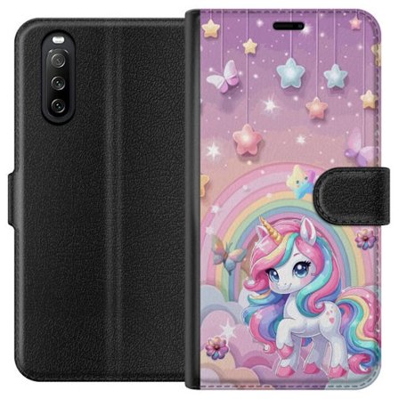 Kompatibelt Lommeboketui til Sony Xperia 10 III Magisk enhjørning med regnbue manke, stjerner og sommerfugler mot en pastellhimmel med skyer