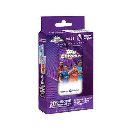 Topps - Sort Trading Cards - Premier League Chrome 2026 Chrome Tin - 5 Packs (20 Cards) @ Hatstore