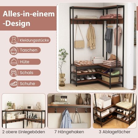 Hörnklädhängare med bänk L-formad klädhängare med öppna hyllor 90 x 90 x 178 cm valnöt