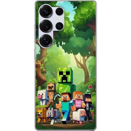 Kompatibelt Mobildeksel til Samsung Galaxy S25 Ultra Blokkete pikselerte spillverden med grønne figurer og dyr i frodig skogsmiljø