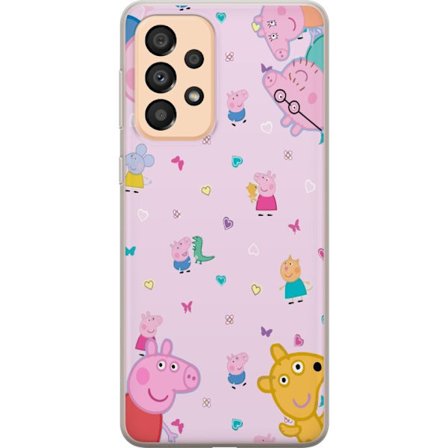 Kompatibelt Mobildeksel til Samsung Galaxy A33 5G Peppa Gris med en baby i armene, mamma gris motiv i fargerik og myk barneillustrasjon med hjerter