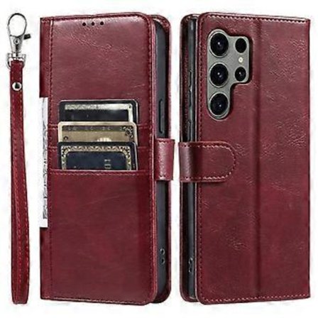 013 Style Kompatibel til Samsung Galaxy S25 Ultra Case Anti-Fall PU Læder Telefon Cover med 6 Kort Slots (Vinrød)