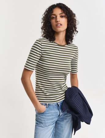 GANT Slim Striped 1X1 Ribbed Ss T-Shirt - Green - XS