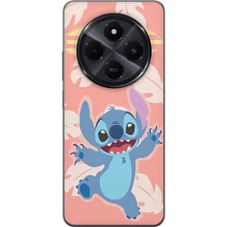 Kompatibel Mobilcover til Xiaomi Redmi A4 Glad illustration af Stitch der hopper foran lyserød baggrund med surfbræt