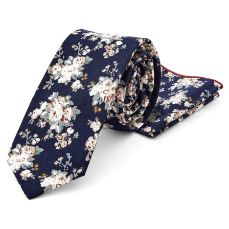 Conjunto de Gravata e Lenço de Bolso Azul Escuro com Padrão Floral Branco para homens - Conjuntos de lenço de bolso