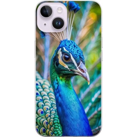 Apple iPhone 14 Gennemsigtig cover Påfugle Fjer Farverig Design Fuglemotiv Eksotisk Grafisk Motiv Natur Luksuriøs Dekoration