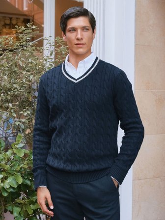 Dunkelblau V-Ausschnitt Pullover Regular Fit