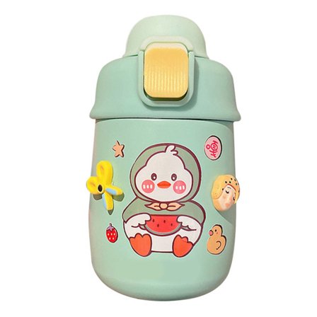 Søt termovannflaske med sugerør tau tilfeldige klistremerker rustfritt stål barn isolasjonskopp for student skole grønn med tilfeldig tilbehør 330ml